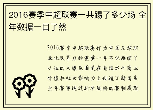 2016赛季中超联赛一共踢了多少场 全年数据一目了然